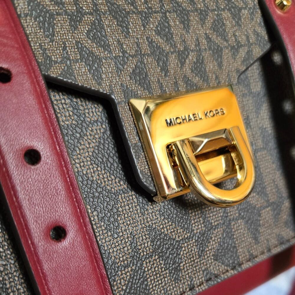 Michael Kors Medium Manhattan Leather Logo Cherry Red Satchel Convertible Bag - Picture 9 of 9